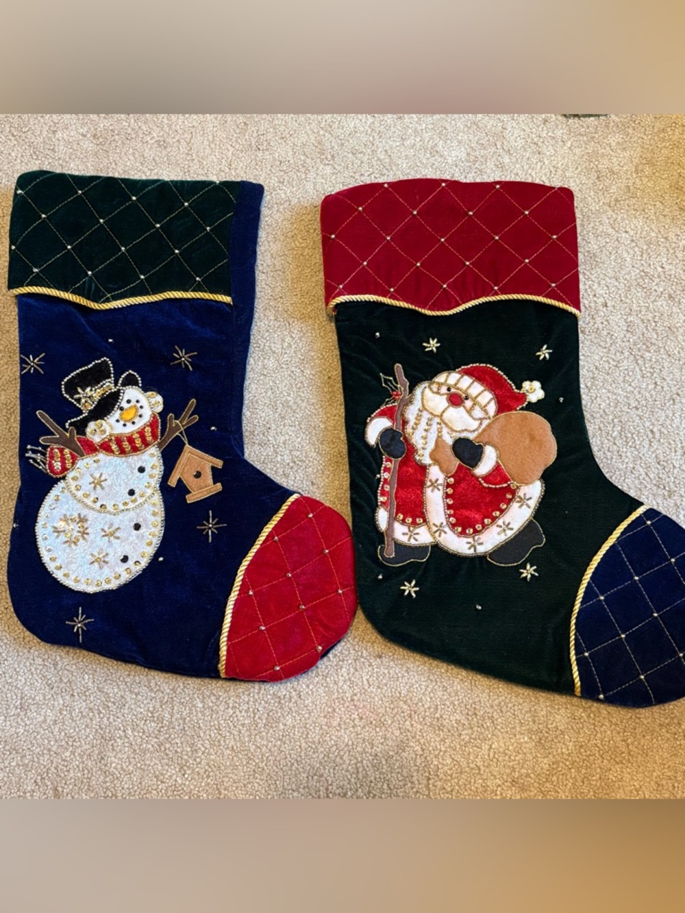 Vtg Velvet Christmas Stockings Santa Snowman Appliqué Beaded 90’s Set Of 2